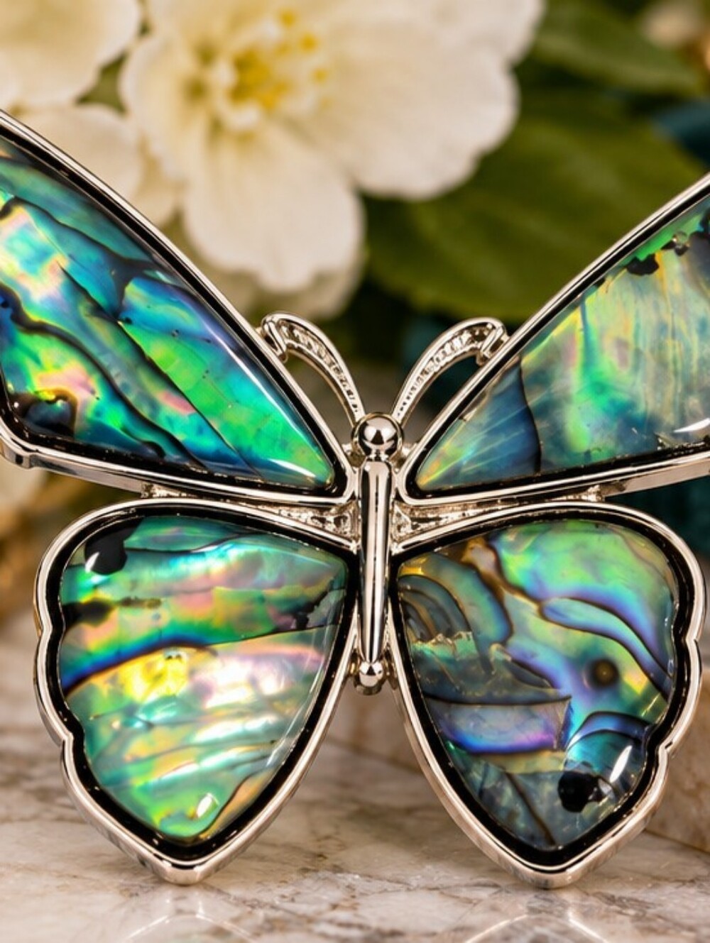 Abalone Shell Butterfly Brooch Iridescent Silver Tone Statement Pin